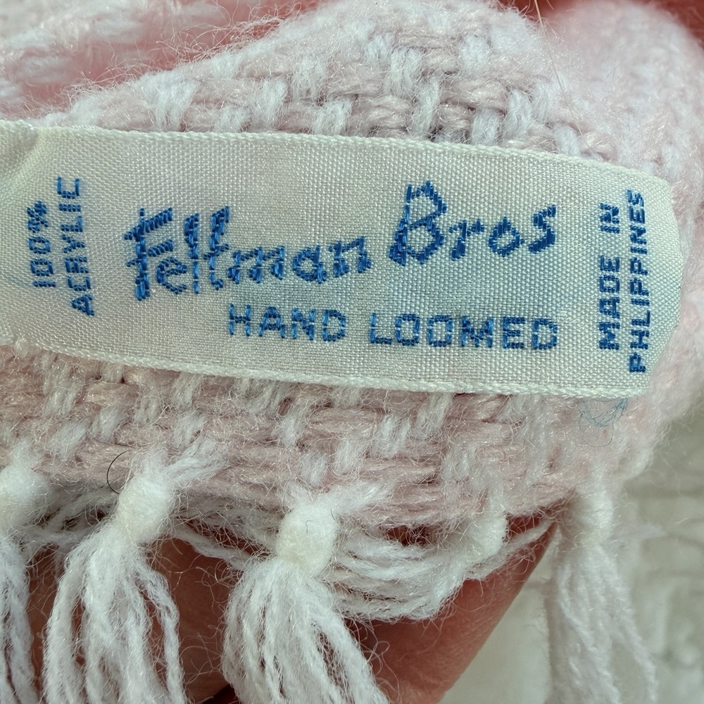 Vintage Feltman Bros Baby Blanket Pink Hand Loomed Soft Fringe Pink White READ - Picture 2 of 16